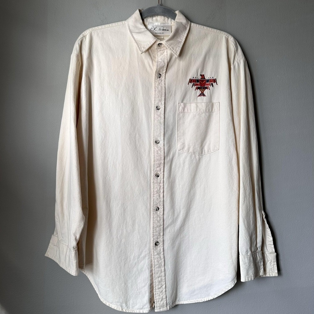 Vintage PR Weiss Shirt‎ Men Large Off White Western Thunderbird Embroidery USA